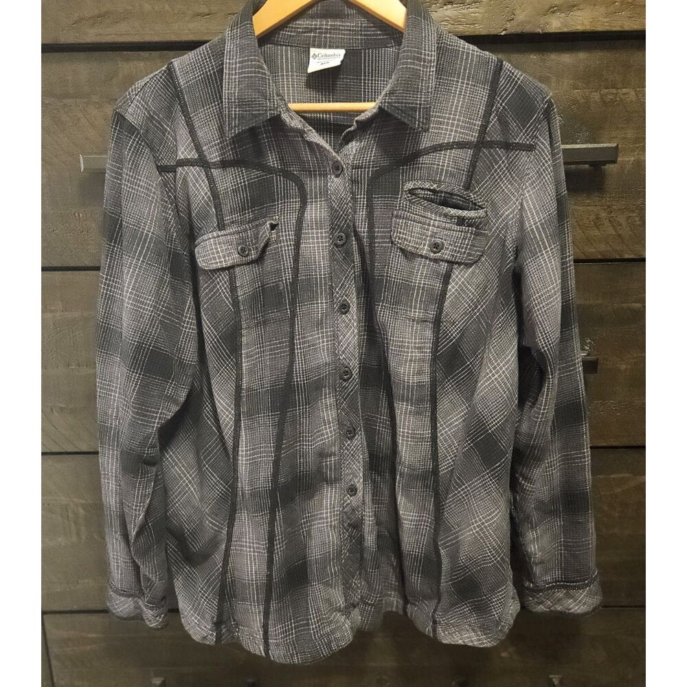 Columbia Womens 1X Plus Gray Black Plaid Western Flannel Button Up Shirt Cotton